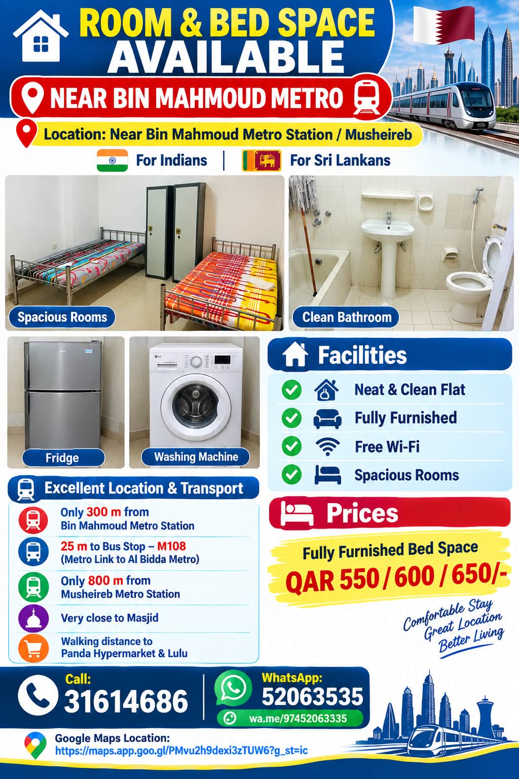 Male Bedspace for rent in Msheireb Downtown Doha