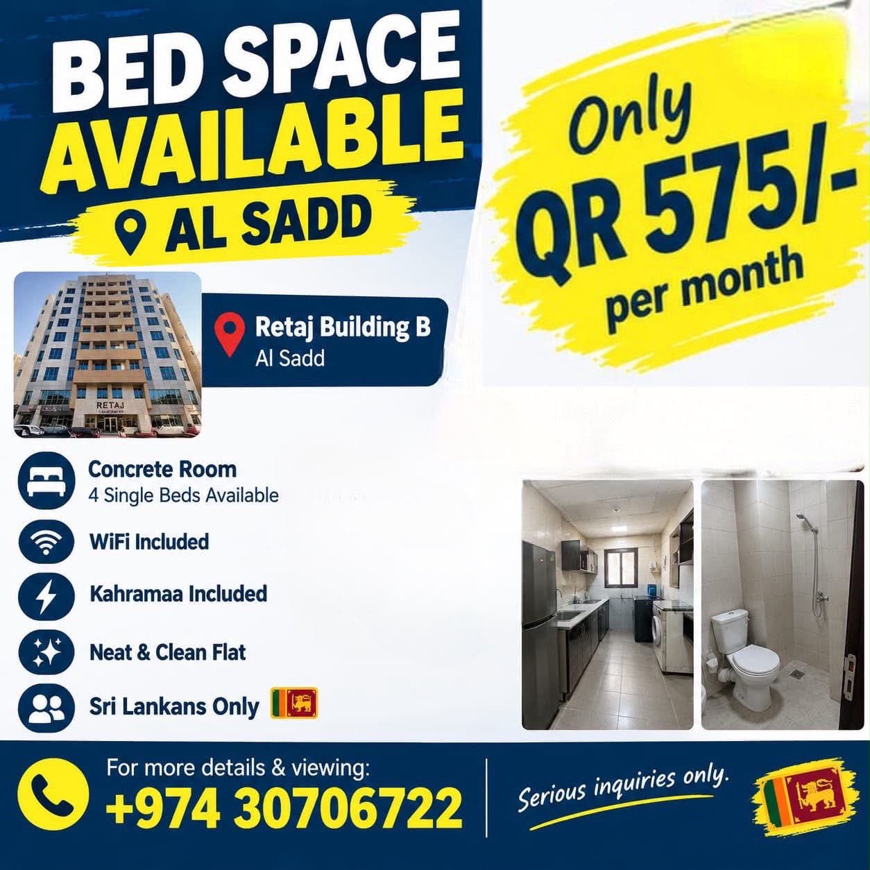 Male Bedspace for rent in Al Sadd