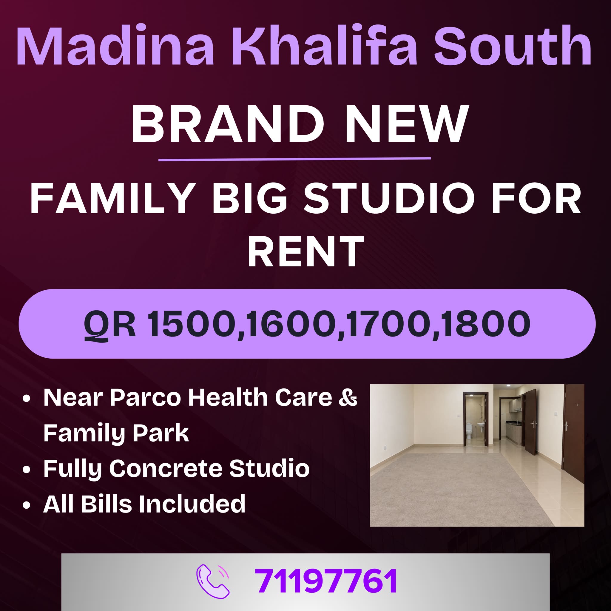 Studio for rent in Madinat Khalifa South